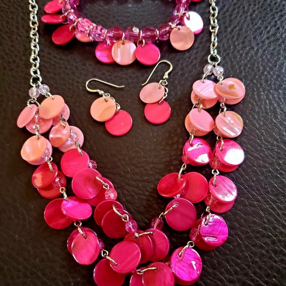 Mother of Pearl Abalone Shell Dark and Light Pink Necklace Bracelet Earrings Set - Picture 8 of 9